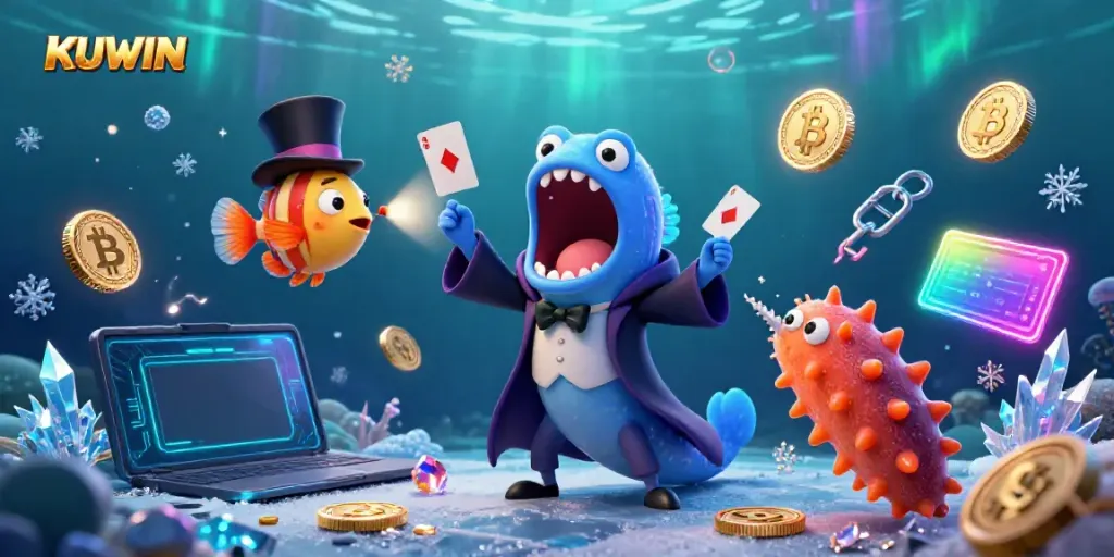 KUWIN showcases a magical underwater casino scene with vibrant characters performing tricks amid glowing cryptocurrencies.
