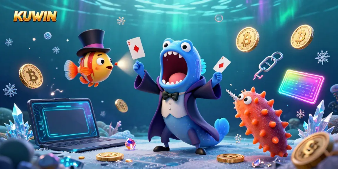 KUWIN showcases a magical underwater casino scene with vibrant characters performing tricks amid glowing cryptocurrencies.