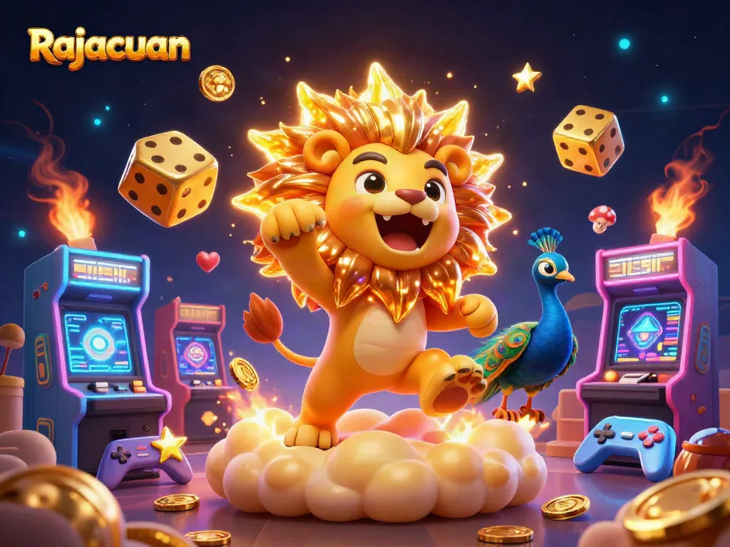 Experience Rajacuan with thrilling golden dice and a dynamic gaming scene in this vibrant digital illustration.