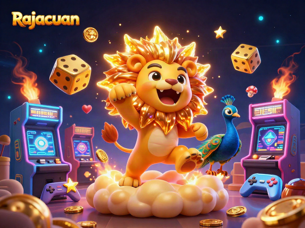 Experience Rajacuan with thrilling golden dice and a dynamic gaming scene in this vibrant digital illustration.