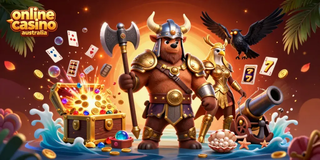 Viking berserker bear and Valkyrie eagle in online casino scene with slots and treasure