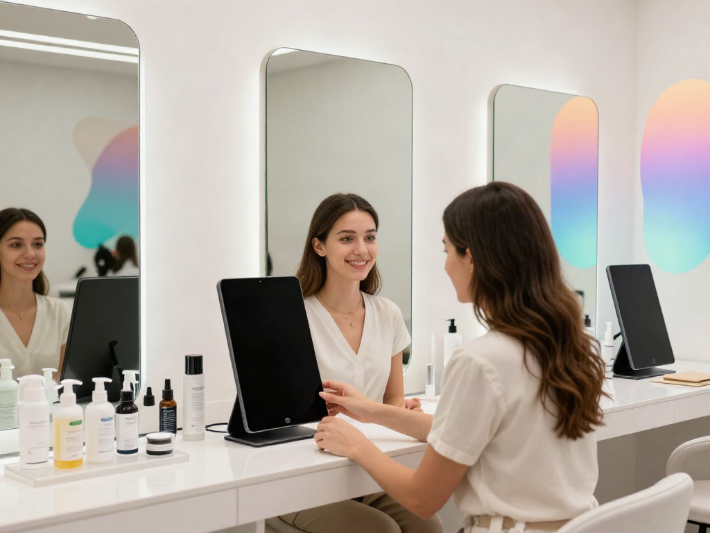Young woman receives facial analysis and beauty advice in a modern clinic as an alternative to QOVES.