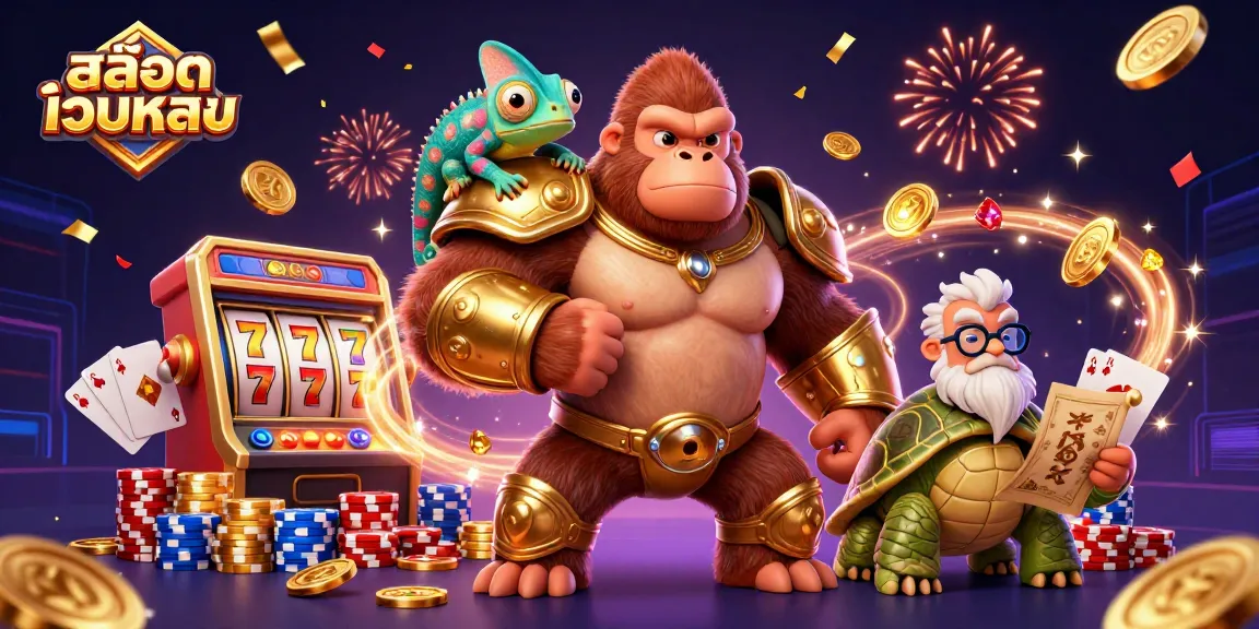 Experience excitement with สล็อตเว็บตรง, featuring vibrant characters and dynamic gambling elements in a rich 3D scene.