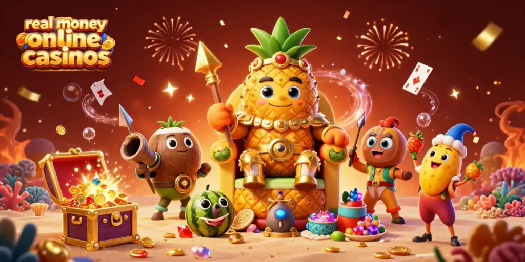 Experience the excitement of real money online casinos with vibrant 3D characters and festive decorations in an immersive beach casino setting.