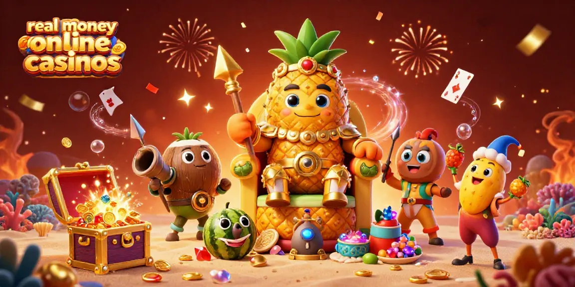 Experience the excitement of real money online casinos with vibrant 3D characters and festive decorations in an immersive beach casino setting.