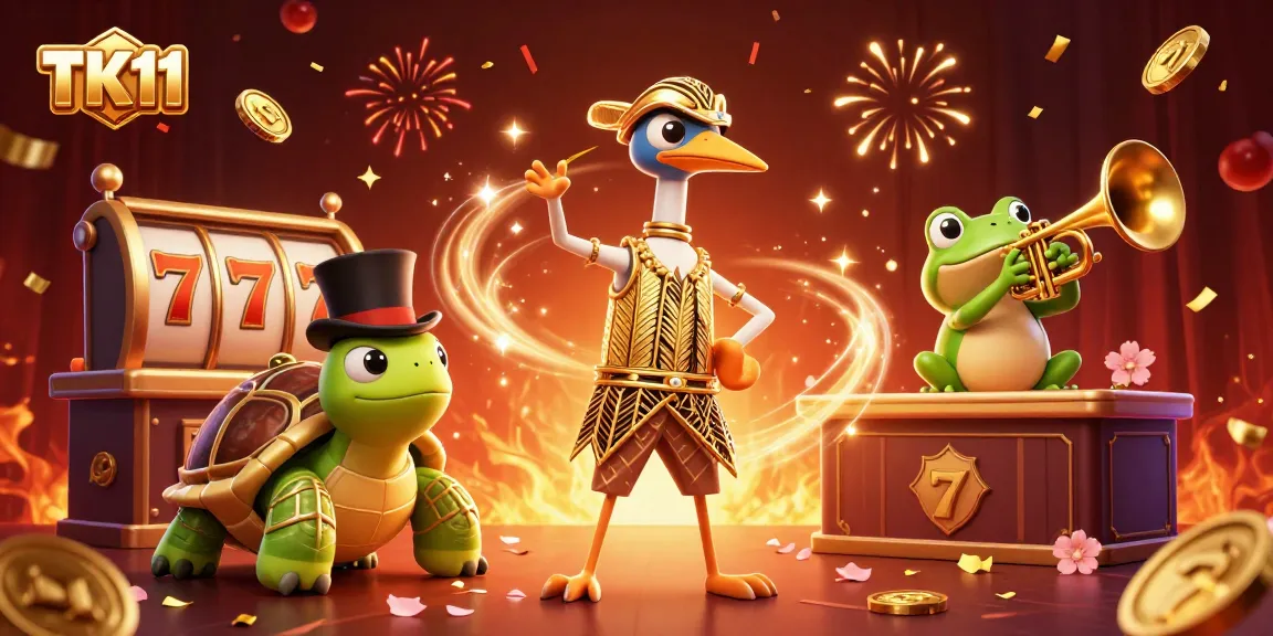 Engage with TK11's vibrant casino scene featuring characters and exciting slot game elements.