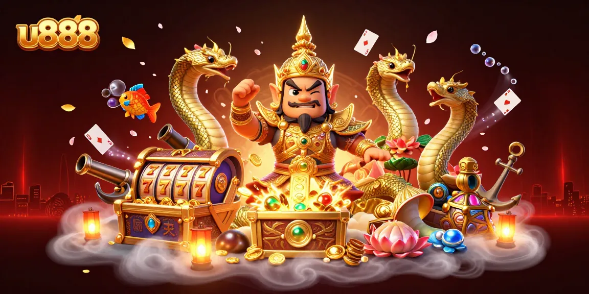 Engage in thrilling experiences at u888 with vibrant symbols and treasures in a dynamic 3D gaming scene.
