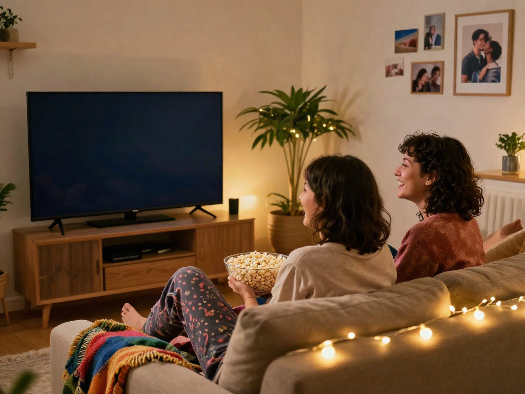 Cozy scene of a lesbian couple watching a movie at home, showcasing their bond and warmth.