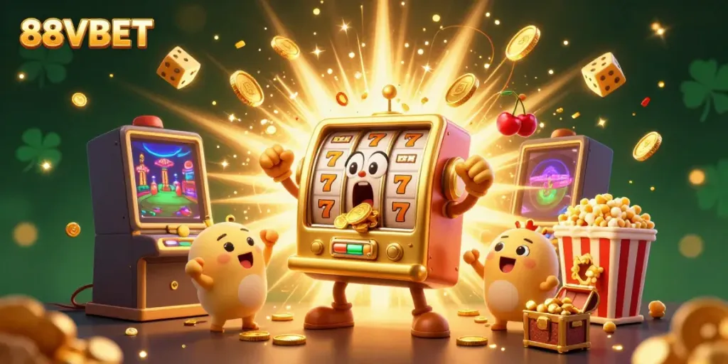 Experience the thrill of 88VBET as a joyful slot machine celebrates a jackpot explosion amidst a vibrant casino-themed scene.