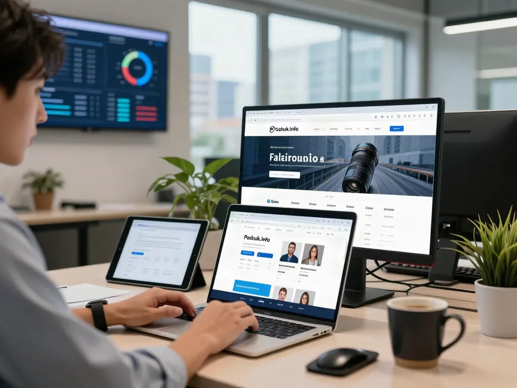 Browsing On the website poshuk.info for various service providers in a modern office.