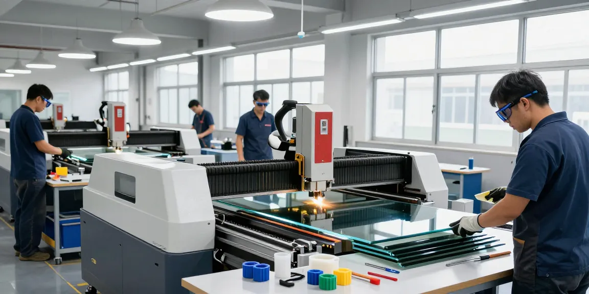 Technicians operating advanced glass cutting machines in a vibrant industrial workshop.