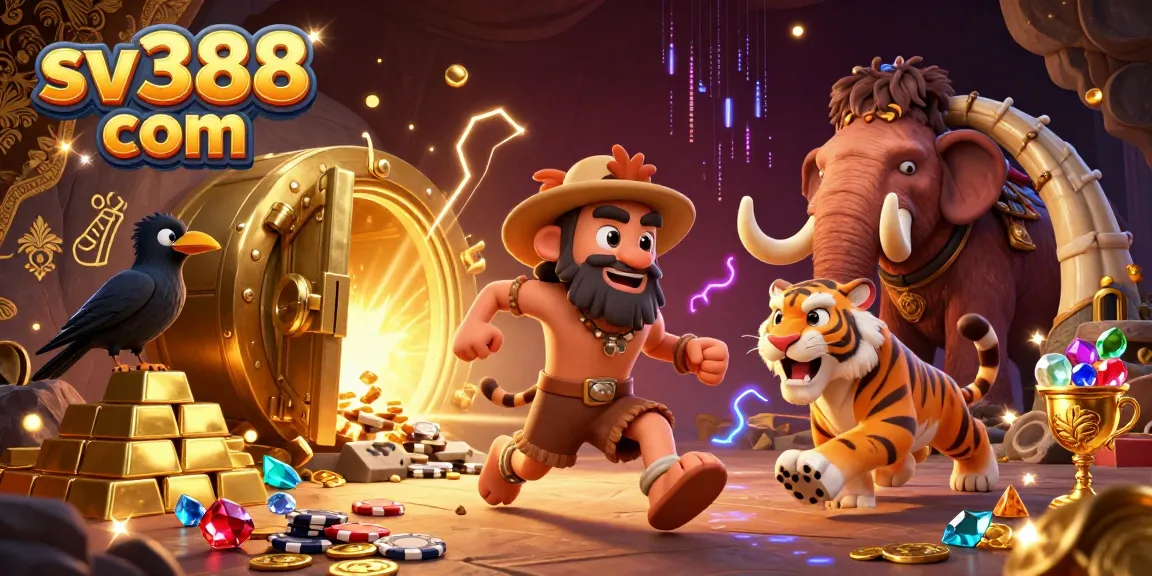 Watch thrilling action at sv388 com with hyper-detailed casino scene featuring cartoon characters and golden treasures.