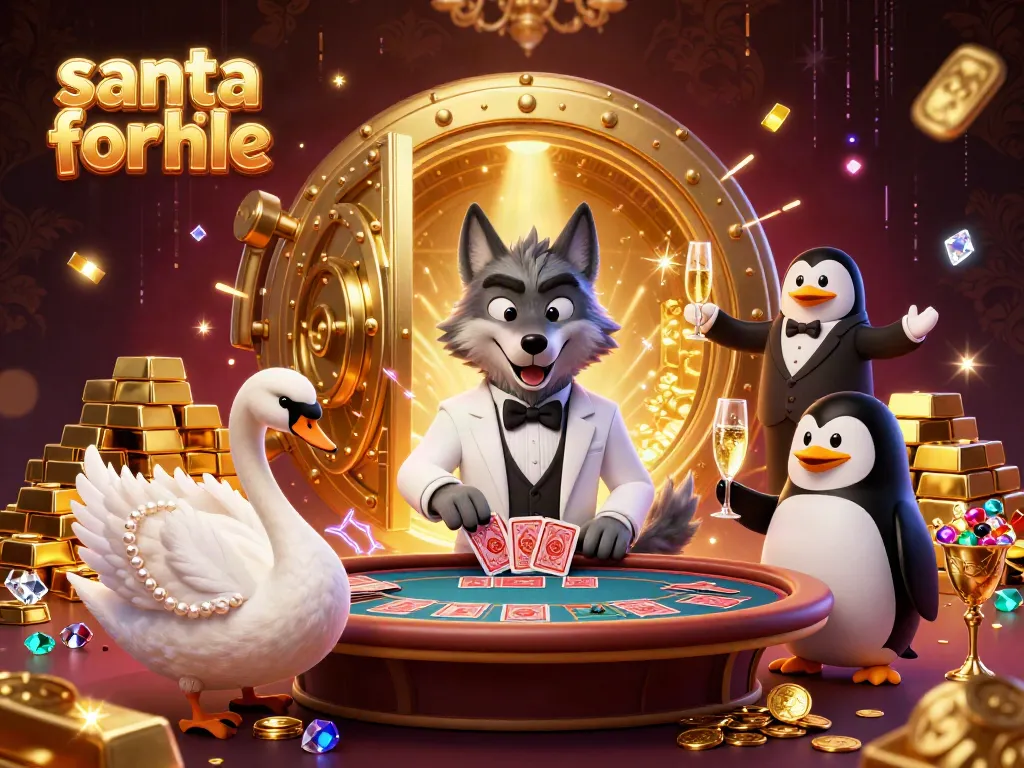 Experience festive fun at the casino with a stunning depiction of a debonair wolf, elegant swan, and penguin around a vibrant baccarat table, showcasing the excitement of santa for hire.