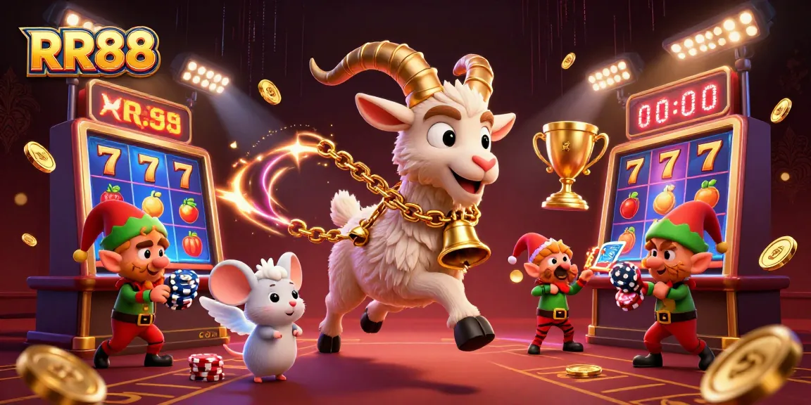 Engage in thrilling gameplay at RR88 with casino elements and festive cartoon characters.