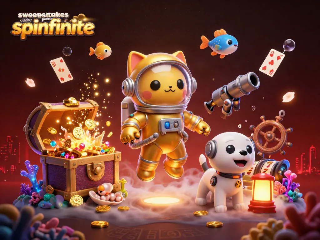 Activate excitement with sweepstakes casino promo code spinfinite for free coins in this vibrant 3D casino scene.