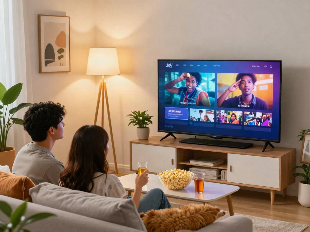Couple enjoying films with JAV subtitle Indonesia in a cozy living room.