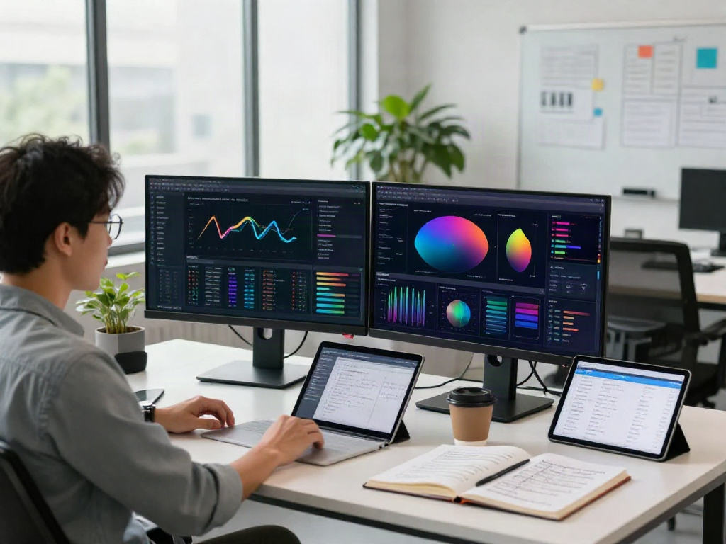 Data scientist in a modern workspace efficiently finding AI datasets.