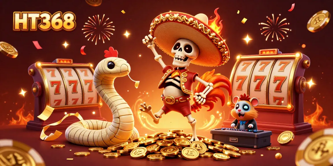 HT368 captures players celebrating on a jackpot of coins in a vibrant casino atmosphere.