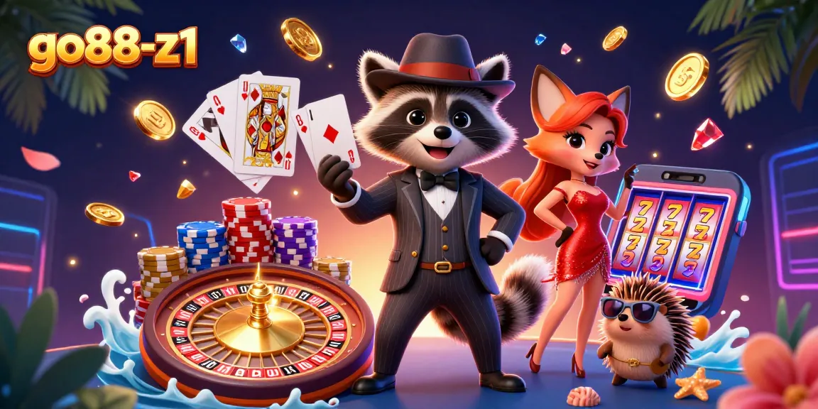 Experience the thrill of go88-z1 casino with raccoon, fox, and hedgehog in vibrant 3D action.