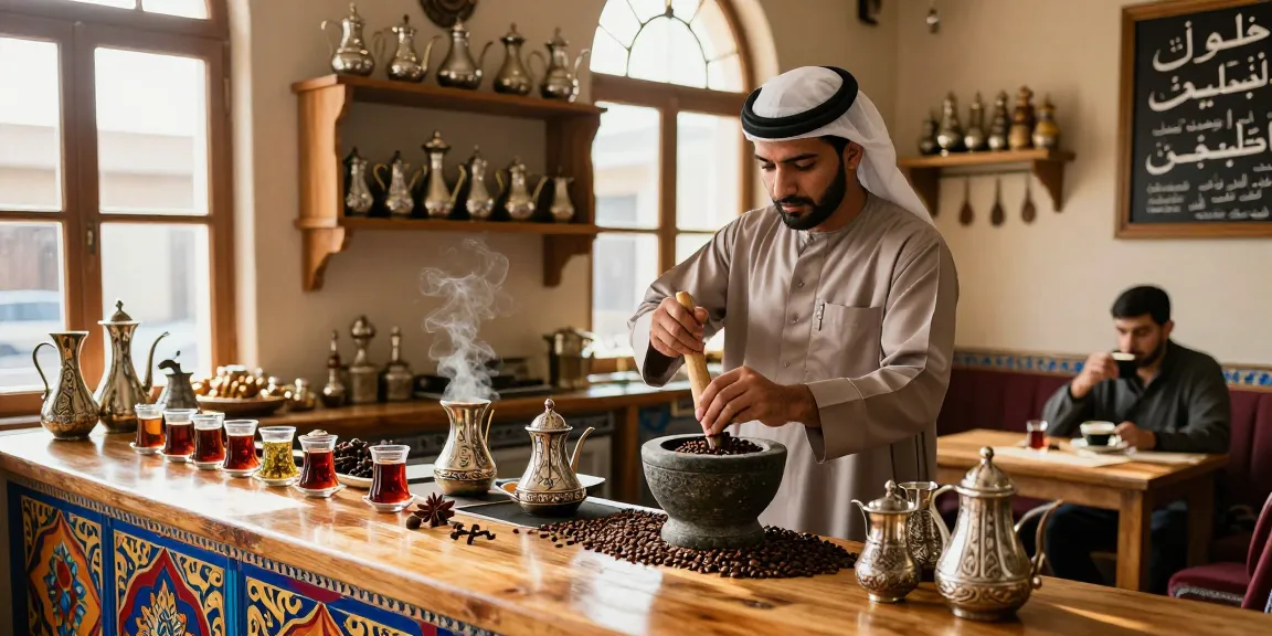 قهوجيين في مقهى تقليدي، بارستا يطحن حبوب القهوة.