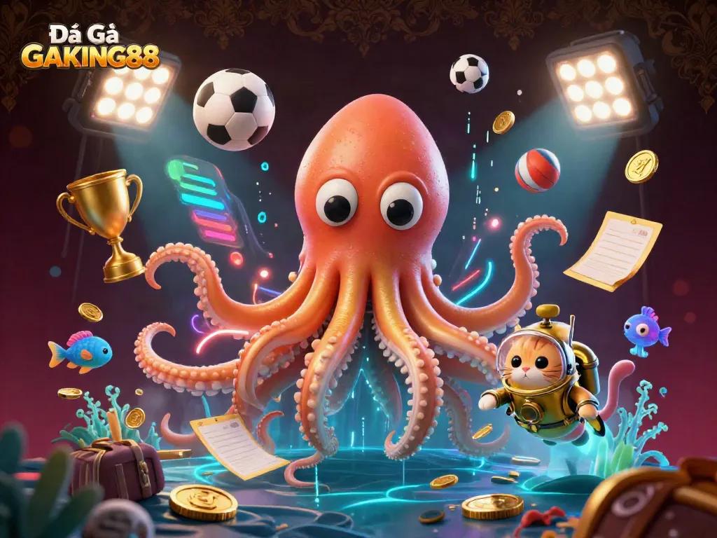 Experience Đá Gà GAKING88 with a vibrant 3D scene of a kraken and diving cat amid sports elements.