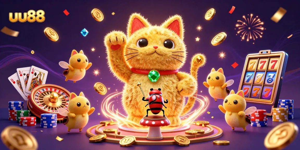 Join the fun at uu88 with golden fireflies and a lucky cat, showcasing casino thrills.