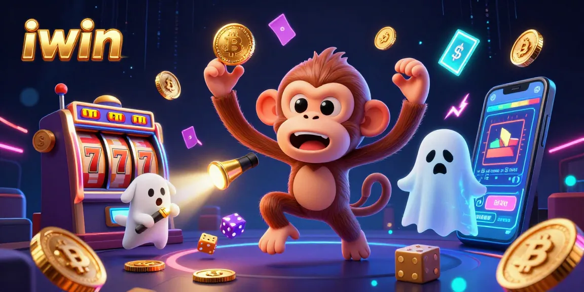 iwin juggles slot game treasures while a ghost-hunter puppy tracks the fun in a haunted casino.