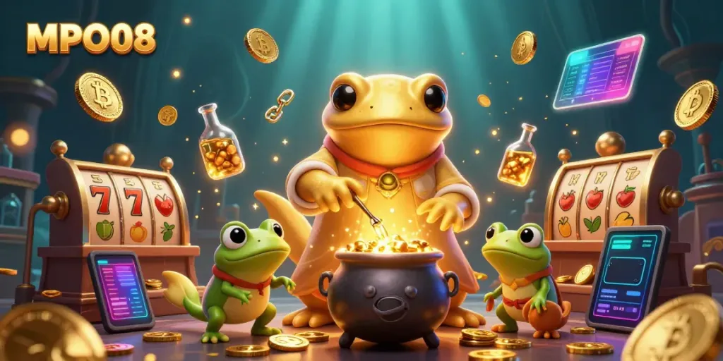 MPO08 illustrates a gaming scene with golden salamander transmuting gold, surrounded by slot symbols and cryptocurrency.