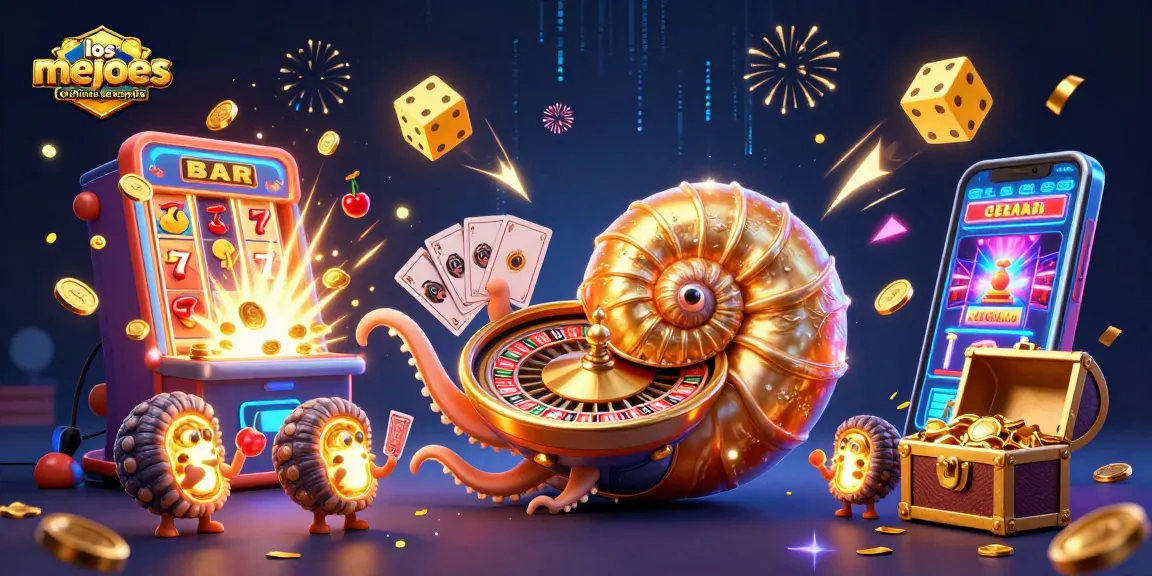 Los mejores casinos online de España mostrando una enorme máquina tragamonedas y una ruleta temática en una escena dinámica.