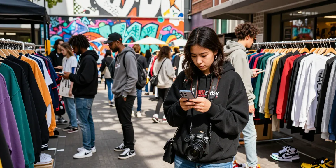 Diverse shoppers enjoying street fashion and exploring Mulebuy spreadsheet deals in an urban market.