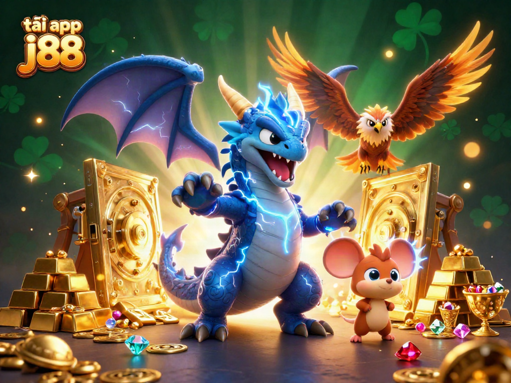 Tải app j88 with a dynamic 3D illustration featuring a thunder dragon, wind hawk, and vibrant casino elements.
