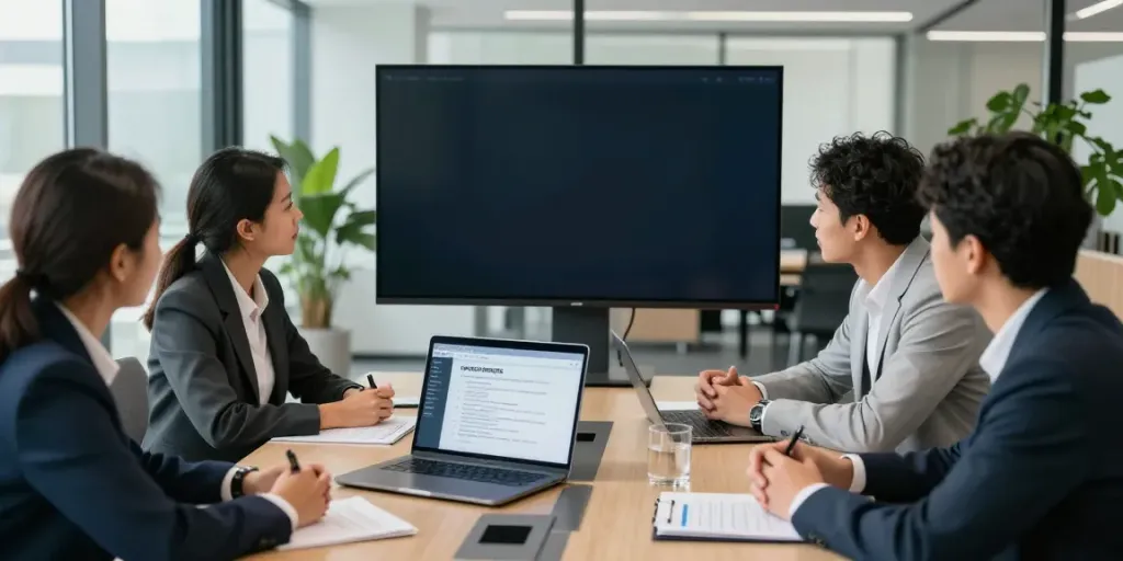 Deepfake protected meetings showcased in a collaborative office scene with diverse professionals discussing strategies.