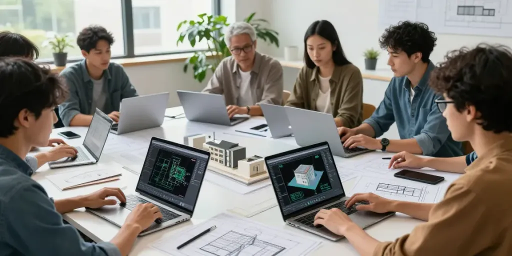 Collaboration among cad modeling contractors in a modern design studio.