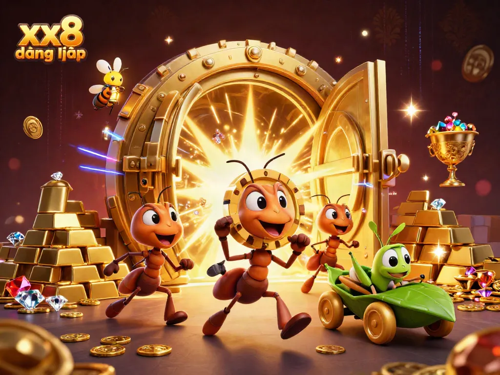Execute exciting moves with xx8 đăng nhập, featuring a heist scene with characters and treasures.