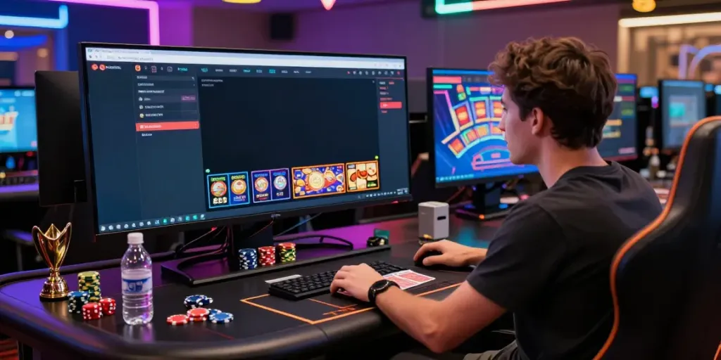 Engaging scene of a player exploring non GamStop casinos on a computer, showcasing a lively gaming environment with colorful lights.