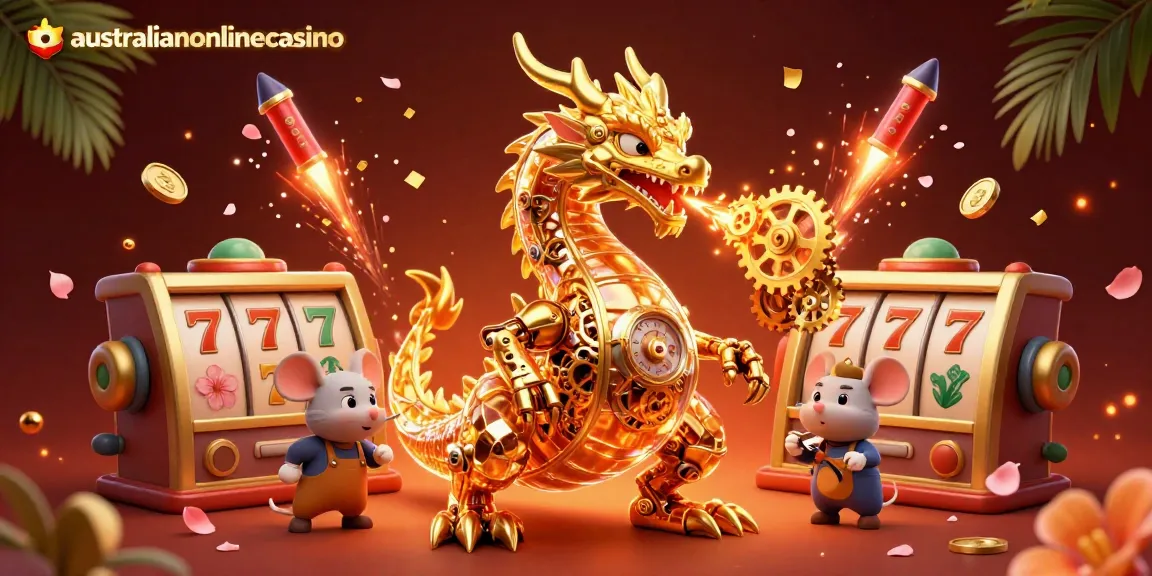 Experience the excitement of australianonlinecasino with a vibrant golden dragon and slot reels in a dynamic scene.
