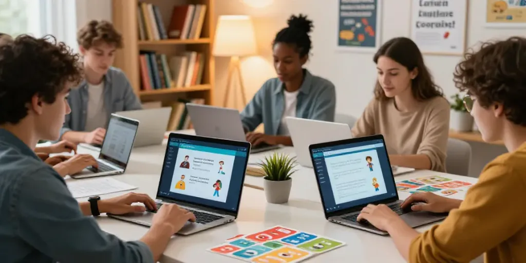 Interactive language learning with students engaging on devices in a cozy study.