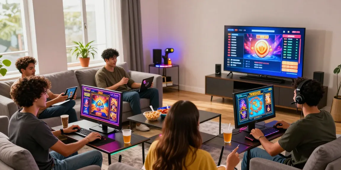 Excited friends gaming together on wd138.com with vibrant slot graphics and lively atmosphere.