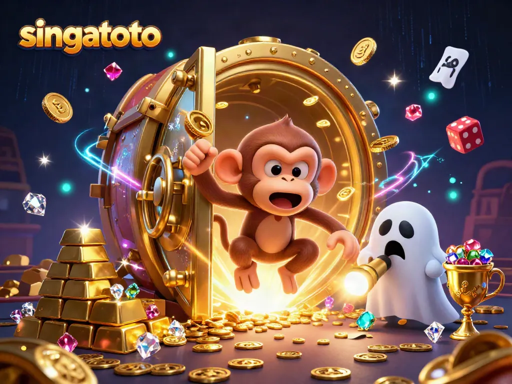 singatoto showcases a playful poltergeist monkey juggling golden casino chips within a haunted environment.