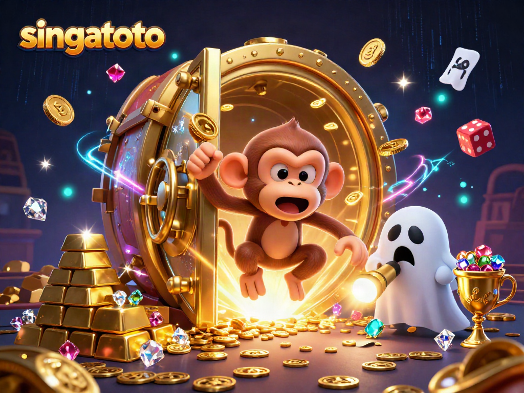 singatoto showcases a playful poltergeist monkey juggling golden casino chips within a haunted environment.