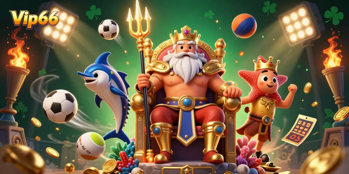 Engage in thrilling games at Vip66 with vibrant characters and sports elements in an exciting casino scene.