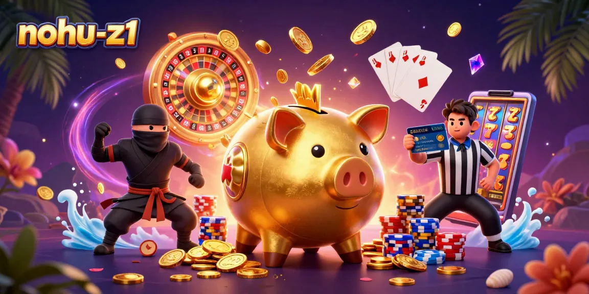 Nohu-z1 showcases a dynamic casino scene with a golden piggy bank sumo wrestler and animated gambling elements.