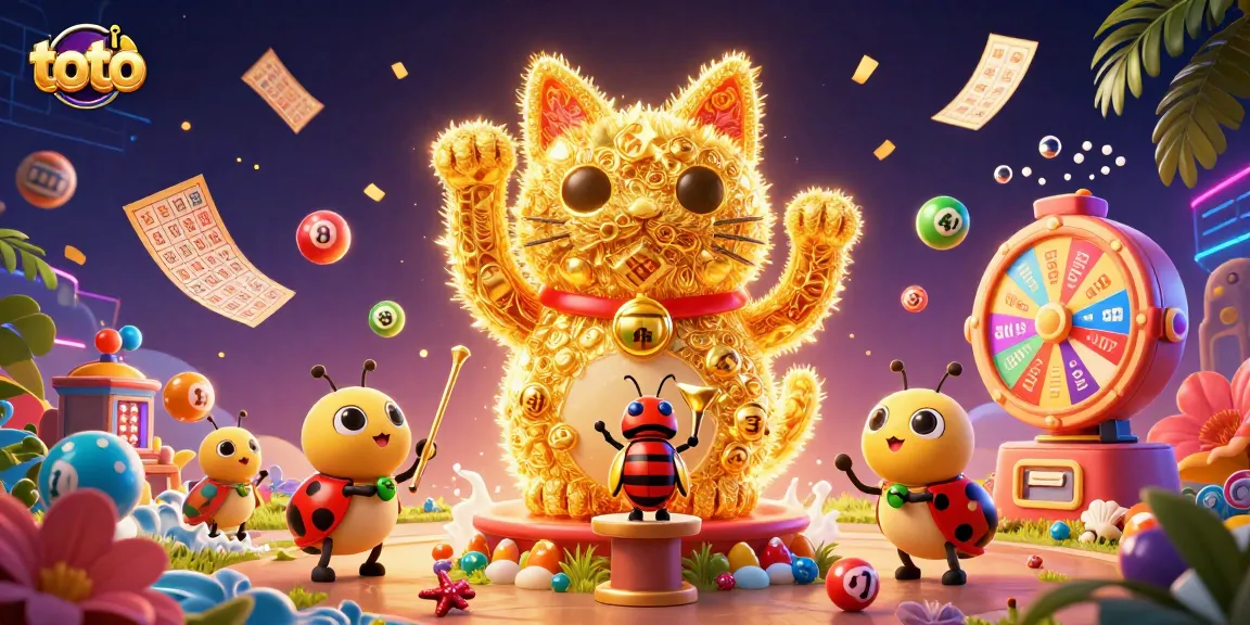 Mensukseskan permainan toto dengan kucing keberuntungan dan bola lotere berwarna-warni.