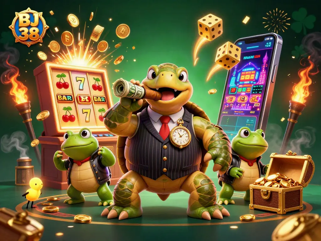 Experience the thrill of BJ 38 casino gaming with our dynamic 3D illustration featuring exciting jackpots and characters.