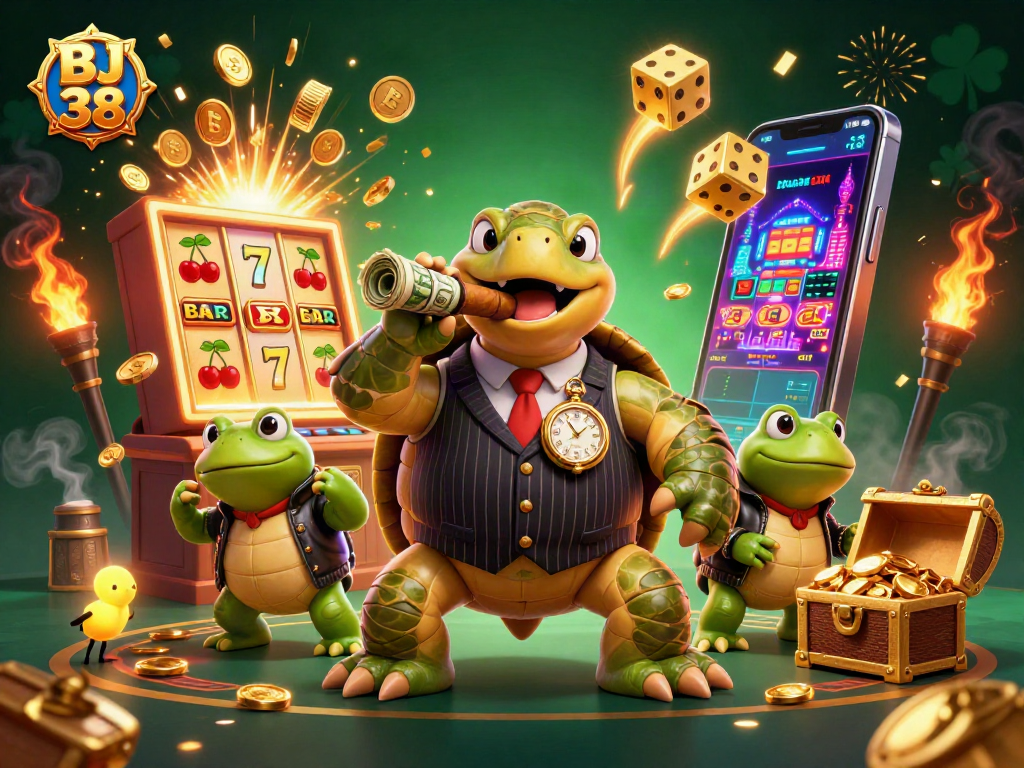 Experience the thrill of BJ 38 casino gaming with our dynamic 3D illustration featuring exciting jackpots and characters.