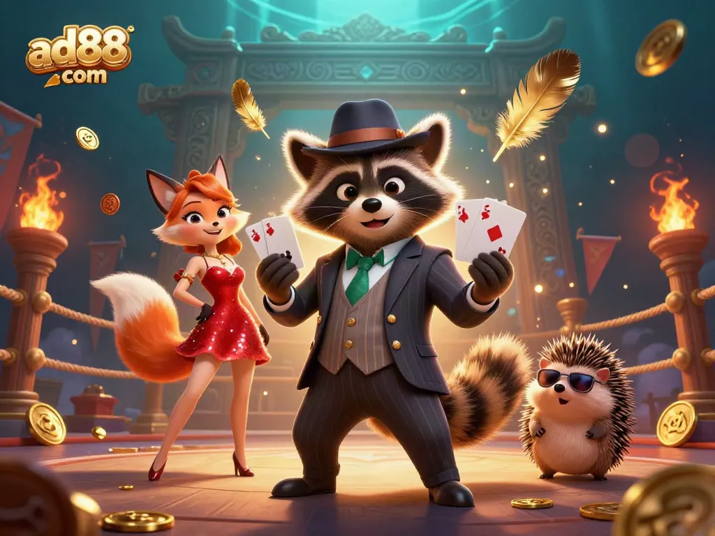 Engage in poker gameplay with ad88 com as characters highlight a royal flush amidst vibrant casino elements.