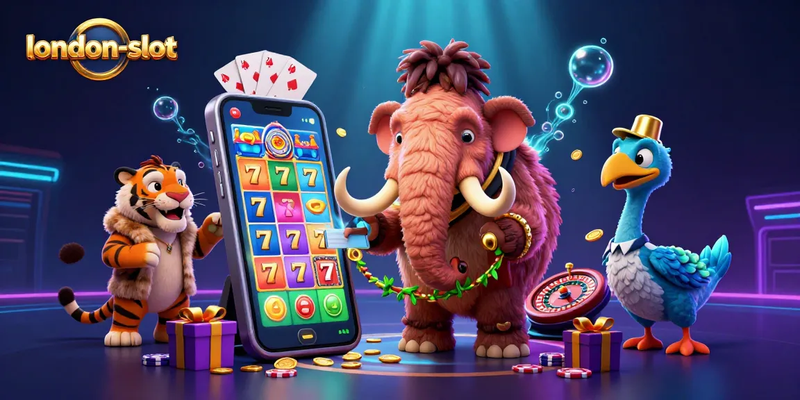 Engage with london-slot's thrilling experience featuring a mammoth bouncer and a saber-tooth VIP enjoying slot games.