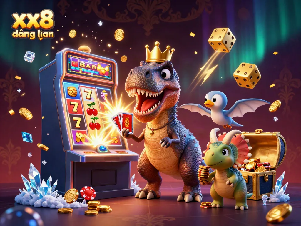 Experience the thrill of xx8 đăng nhập with a fun scene featuring a dinosaur playing cards surrounded by casino elements.