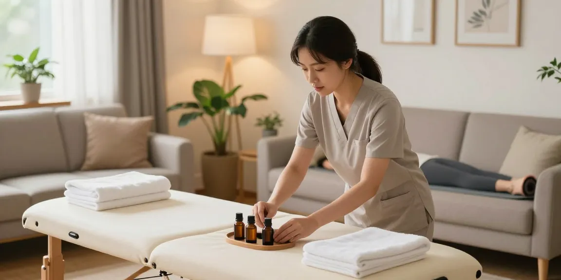 강서구출장마사지 service featuring a professional therapist setting up a calming home environment.
