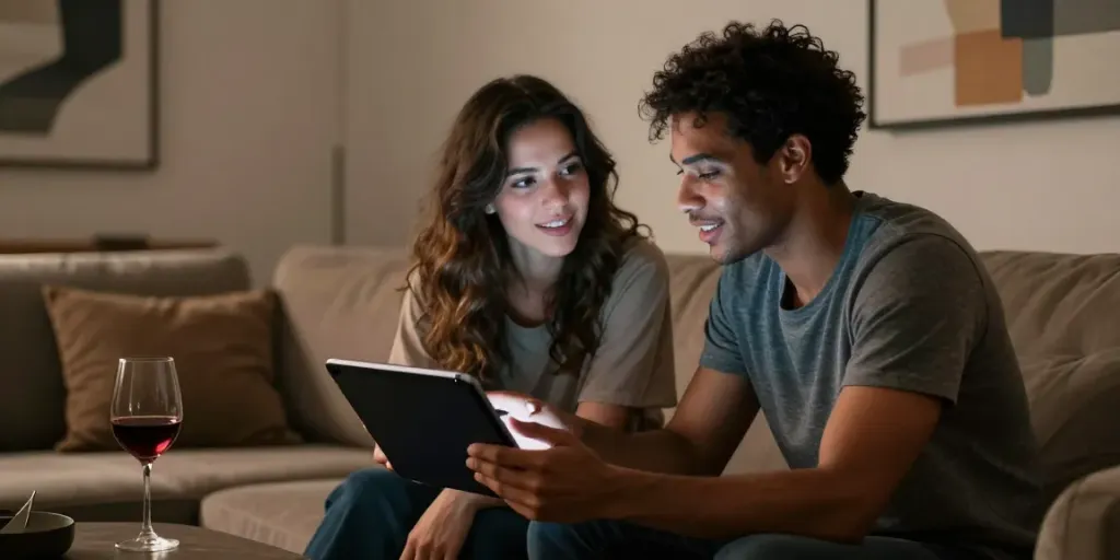 Engaging couple exploring an AI porn chatbot in a modern lounge.